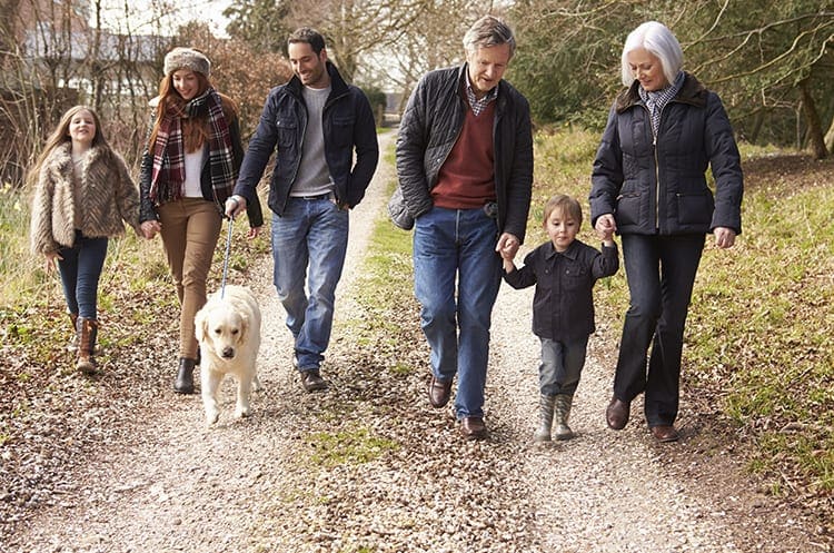 A large family walking a trail.